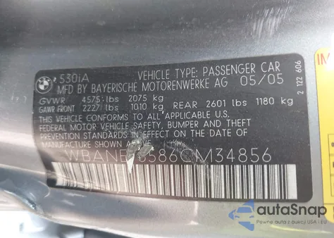 2006 BMW 530I z USA, uszkodzony, nr VIN WBANE73586CM34856